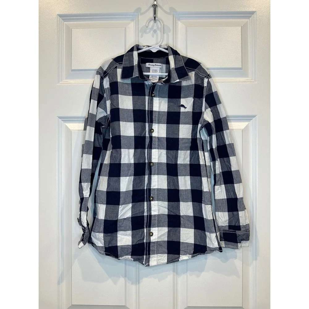 Tommy Bahama Boys Navy Blue White Buffalo Check Button Down Shirt‎ Size L 10-12